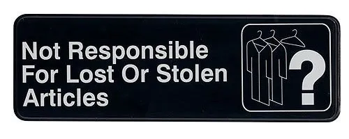 Update International S39-26BK - "Not Responsible For Lost Or Stolen Articles" Sign
