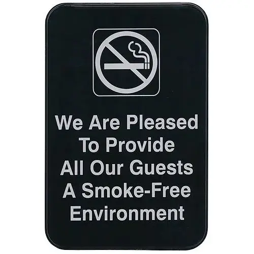 Update International S69-1BK - 9" x 0.06" x 6" - Sign - Board - We are Pleased to Provide all our Guest a Smoke Free Environment - White on Black 